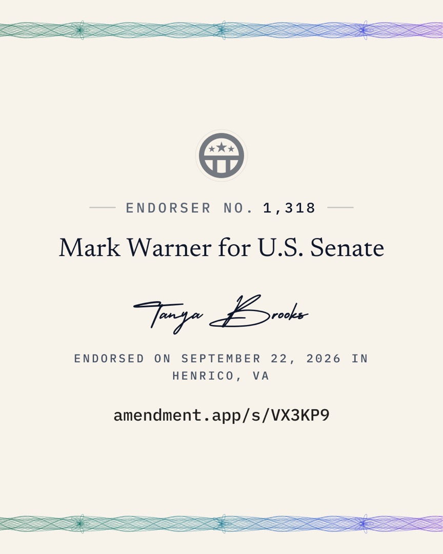 Tanya Brooks, endorser no. 1,318, Mark Warner for U.S. Senate, endorsed September 22, 2026 in Henrico, VA